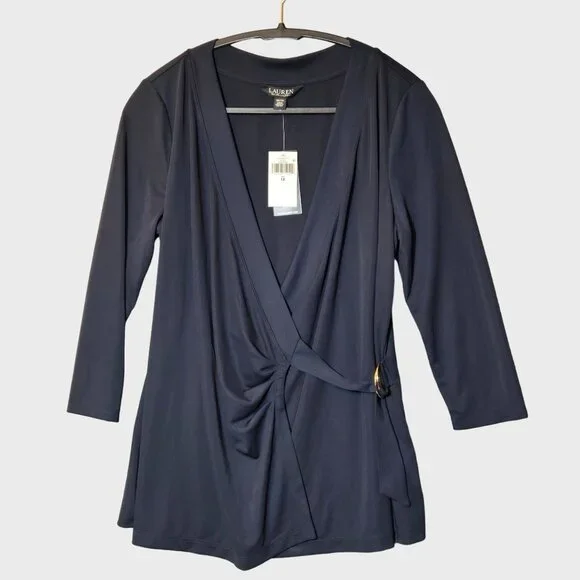 Lauren Ralph Lauren Plus Size Faux-Wrap Surplice Neck Top Navy Blue NWT - Picture 4 of 10